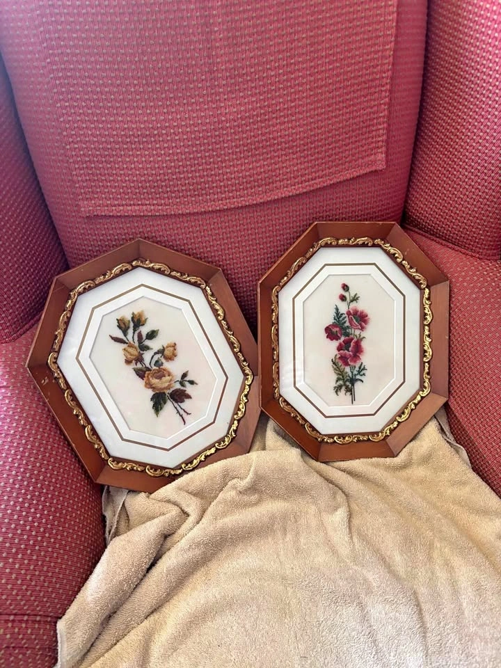 Vintage Floral Needlepoint Framed Art - Set of 2
