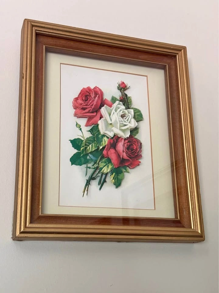 Vintage 3D Paper Tole Rose Art in Gold and Wood Frame