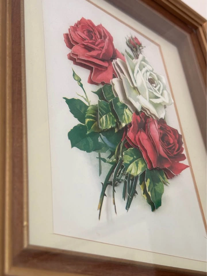 Vintage 3D Paper Tole Rose Art in Gold and Wood Frame - photo 2
