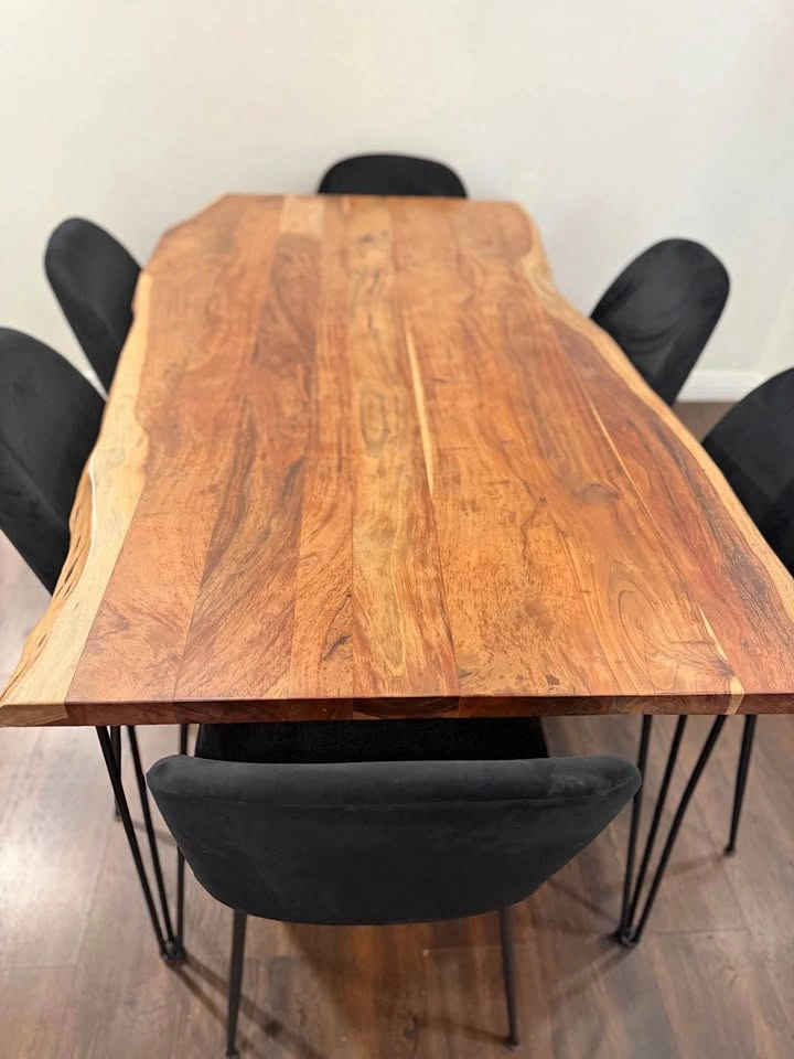 Live Edge Wood Dining Table with Hairpin Legs and 6 Chairs