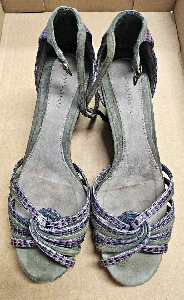Sintonia All-Leather Olive Green & Purple Wedge Sandals 6.5