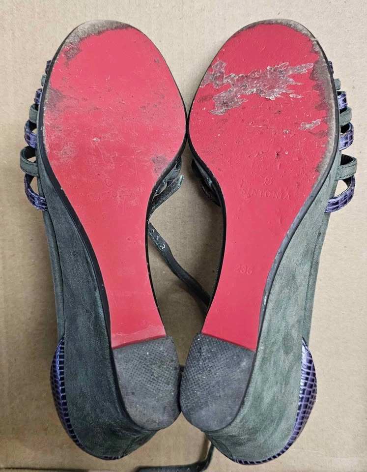 Sintonia All-Leather Olive Green & Purple Wedge Sandals 6.5 - photo 5