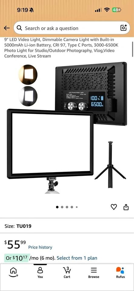 Bonvvie 9" LED Video Light TU019 with Built-in 5000mAh Battery
