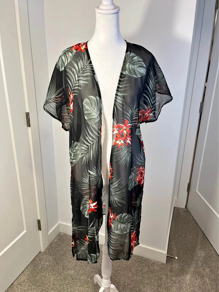 MORAL FIBER Black Sheer Tropical Floral Print Kimono - Size S
