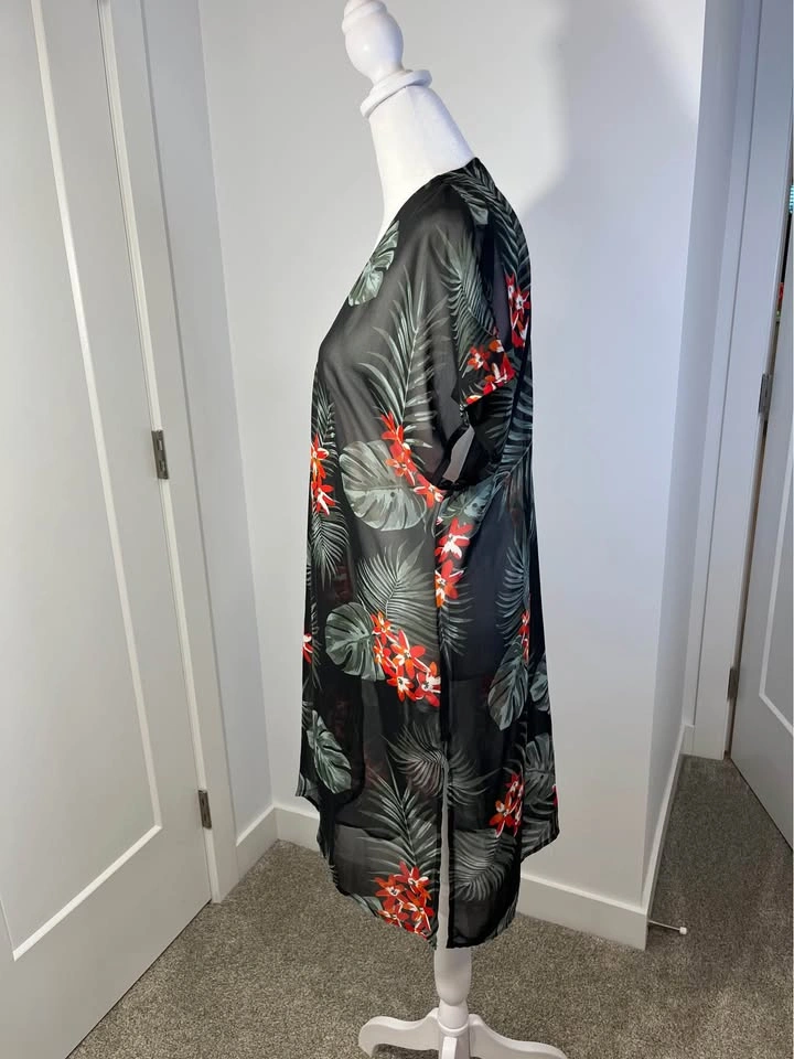 MORAL FIBER Black Sheer Tropical Floral Print Kimono - Size S - photo 4