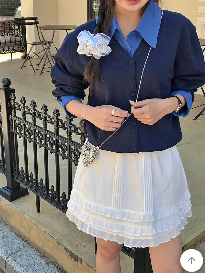 Layered Shirt Cardigan Top (Navy)