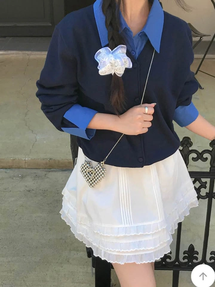 Layered Shirt Cardigan Top (Navy) - photo 2