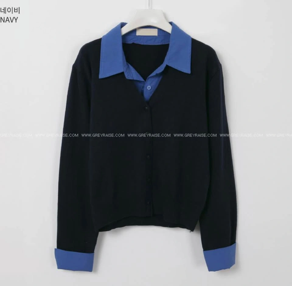 Layered Shirt Cardigan Top (Navy) - photo 3