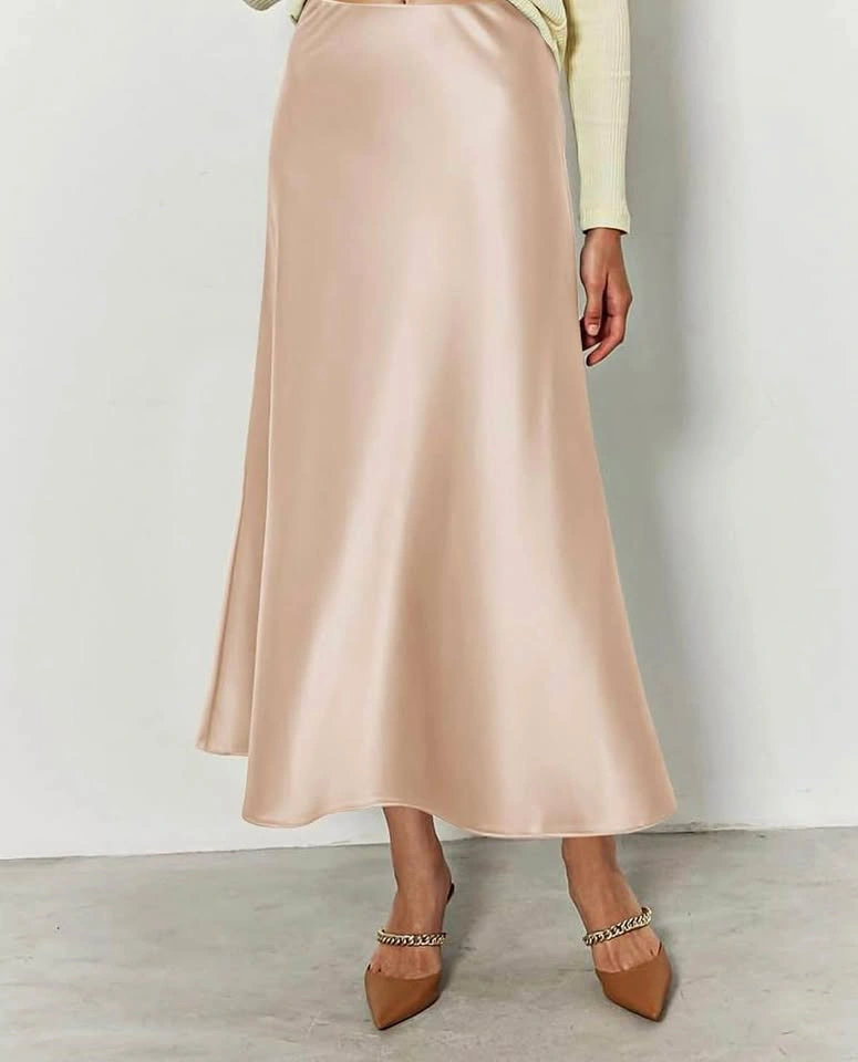 Beige Satin Midi Skirt – Size Medium