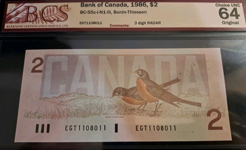 1986 Bank of Canada $2 Radar Note EGT 1108011