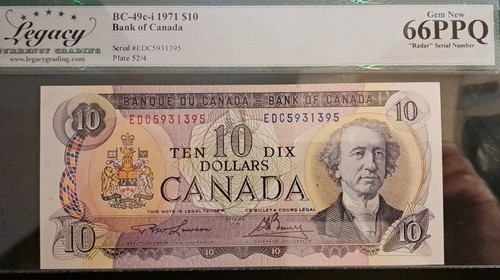 1971 Bank Of Canada $10 4-Digit Radar Note 5931395 Legacy 66