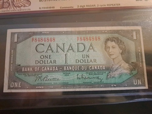 1954 Bank Of Canada $1, 2 Digit Radar, 2 Cycle Repeater, BCS 20