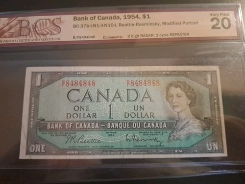 1954 Bank Of Canada $1, 2 Digit Radar, 2 Cycle Repeater, BCS 20 - photo 2