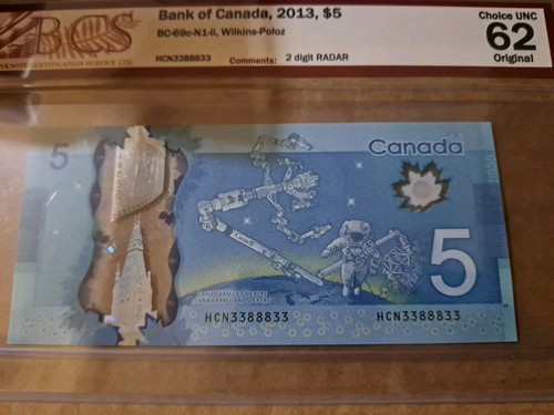 2013 Bank of Canada $5 2-Digit Radar Note HCN3388833 BCS 62