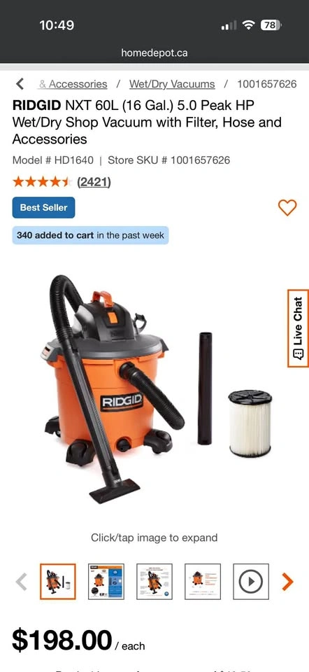 RIDGID NXT 16 Gallon 5.0 Peak HP Wet/Dry Shop Vacuum