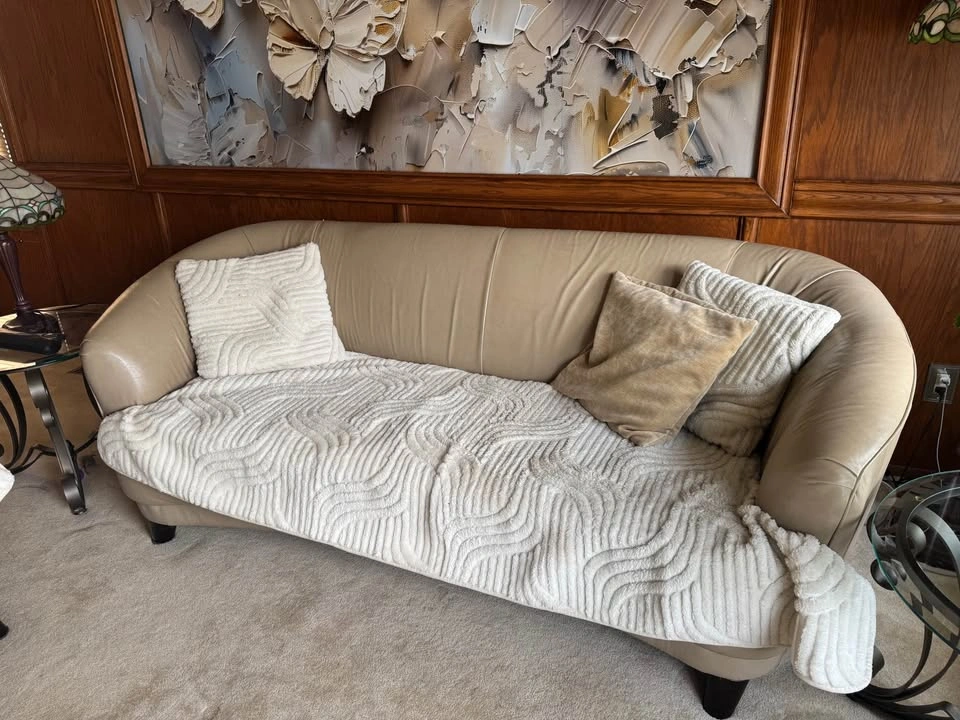 2 Tan Leather Curved Sofas - photo 2