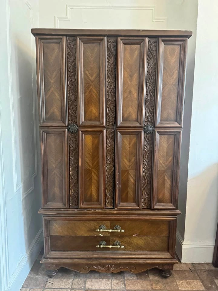 Vintage Wooden Armoire with Drawers