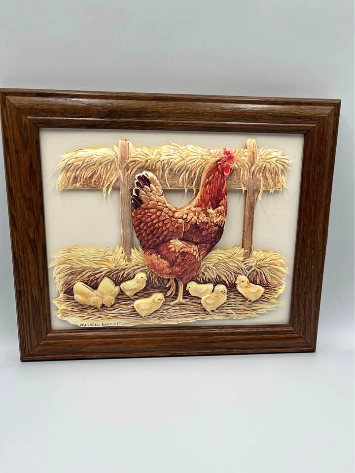 Rare Handmade 3D Layered Paper Art Mother Hen & Chicks