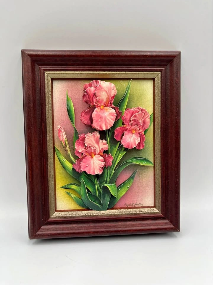 Rare Handmade 3D layered Paper Art 1989 "Pink IRIS" Signed