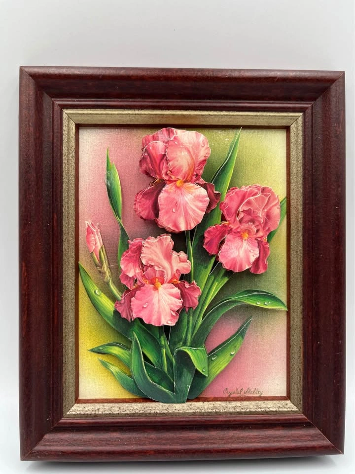 Rare Handmade 3D layered Paper Art 1989 "Pink IRIS" Signed - photo 2