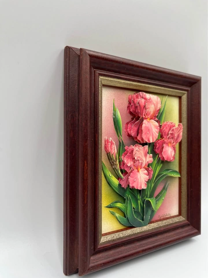 Rare Handmade 3D layered Paper Art 1989 "Pink IRIS" Signed - photo 3