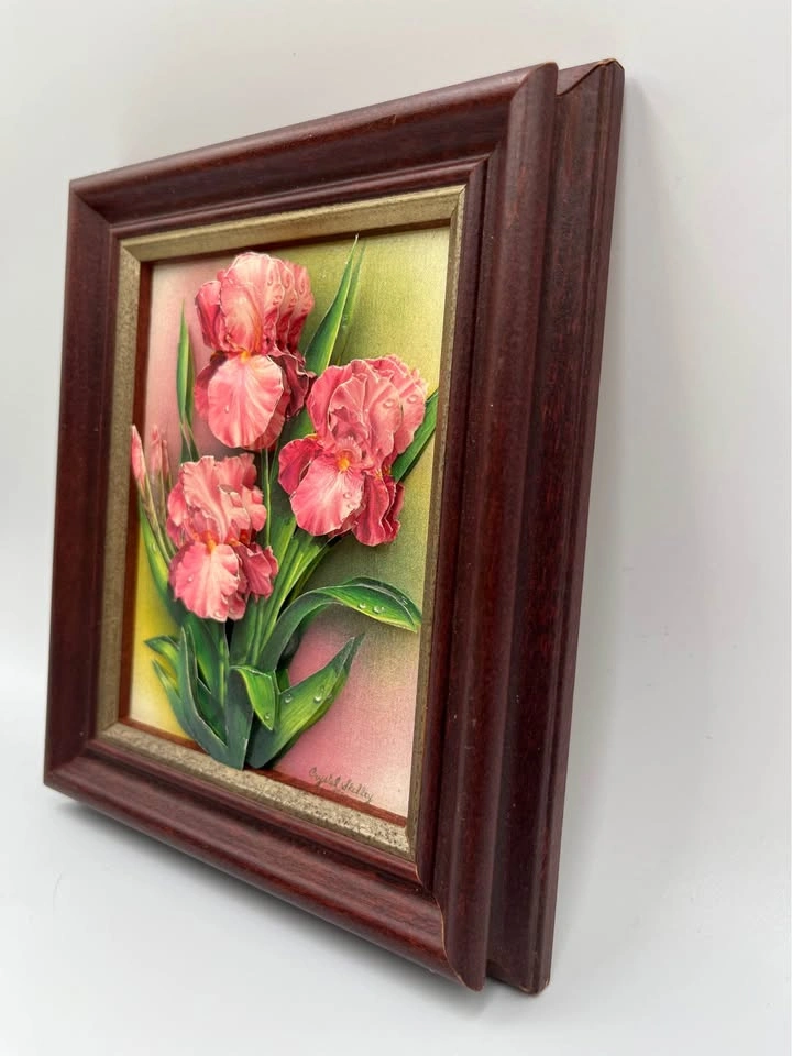 Rare Handmade 3D layered Paper Art 1989 "Pink IRIS" Signed - photo 4