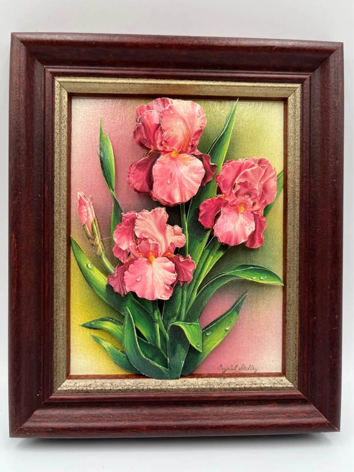 Rare Handmade 3D layered Paper Art 1989 "Pink IRIS" Signed - photo 5