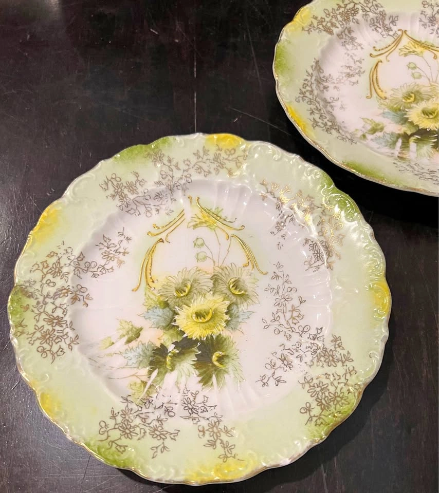 2 Antique White Green Gold Hand Painted Gilded Porcelain 6.5” Pl