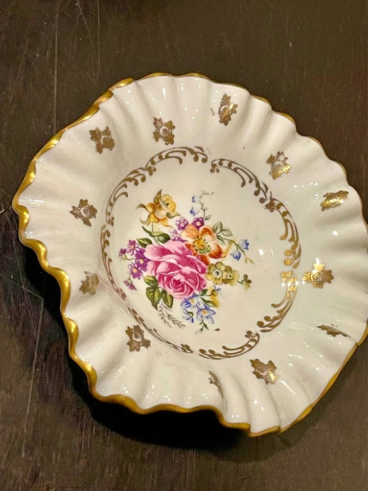 VINTAGE Limoges Floral Trinket Dish with Gold Rim Ruffles