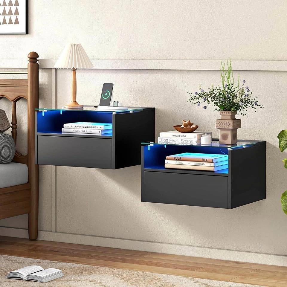 Set of 2 Floating Nightstands with LED Lights and Glass Top