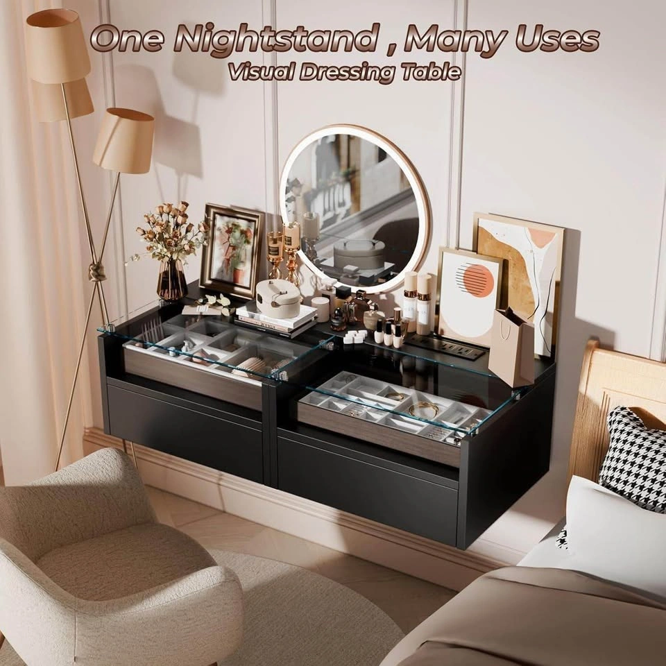 Set of 2 Floating Nightstands with LED Lights and Glass Top - photo 2