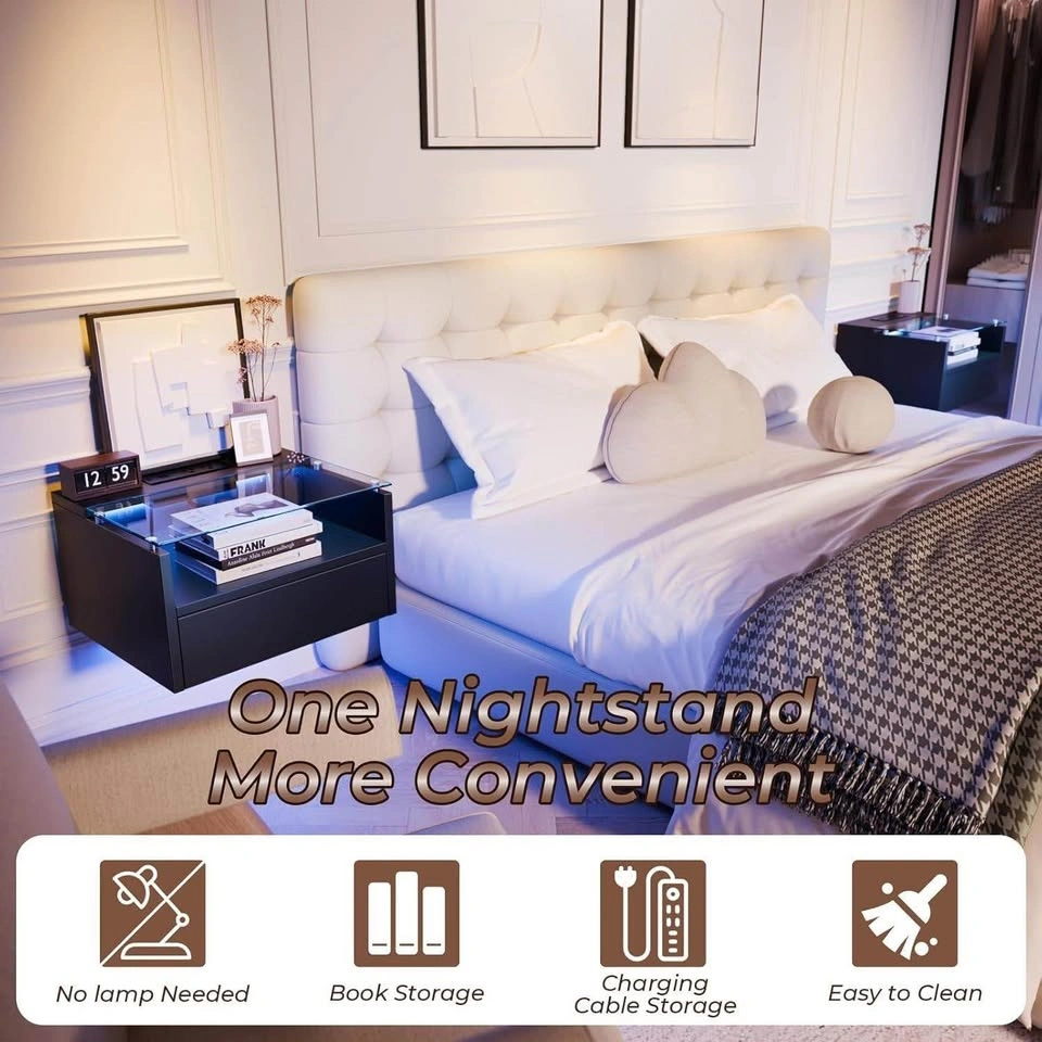 Set of 2 Floating Nightstands with LED Lights and Glass Top - photo 3
