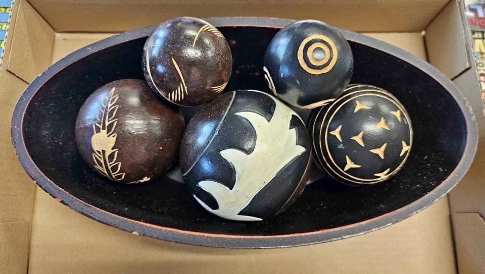 Vintage Hand-Carved Tribal Wooden Orbs with Boat Bowl Set
