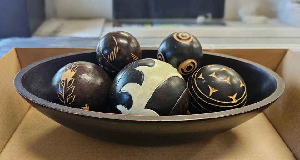 Vintage Hand-Carved Tribal Wooden Orbs with Boat Bowl Set - photo 2