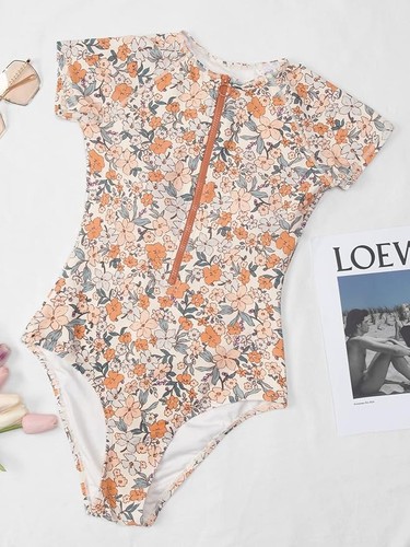 CUPSHE Floral One Piece Swimsuit M High Neck Zip Short Sleeve - photo 4
