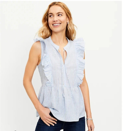 LOFT Pinstripe Blouse Small Blue White Ruffle Babydoll Top - photo 2
