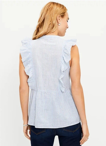 LOFT Pinstripe Blouse Small Blue White Ruffle Babydoll Top - photo 3