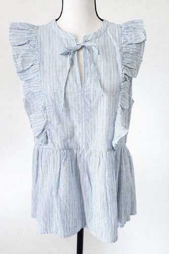 LOFT Pinstripe Blouse Small Blue White Ruffle Babydoll Top - photo 4