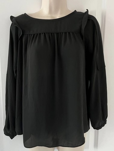 LOFT Black Blouse XS Petite XSP Ruffle Yoke Long Sleeve Top