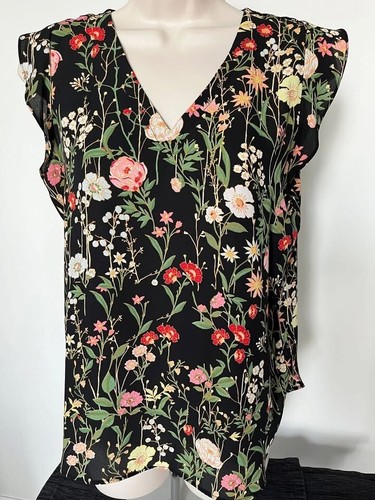 LOFT Black Floral Blouse Small Petite SP Ruffle Flutter Sleeve