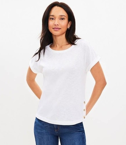 LOFT Side Button Tee Medium Petite MP BNWT White Cotton