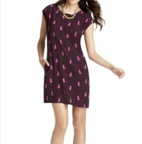 LOFT Cat Print Dress Small Petite SP BNWT Eggplant Purple