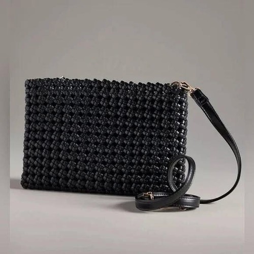 Anthropologie Kalani Black Woven Knot Clutch Vegan Leather