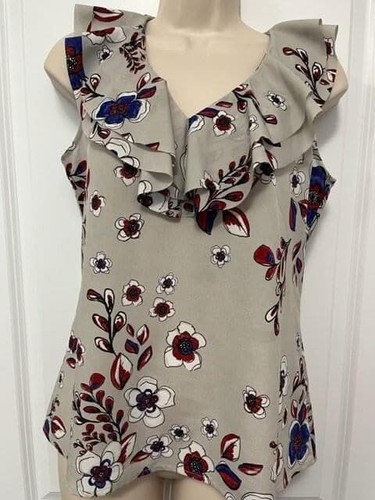 Banana Republic Womens SP Gray Floral Ruffle V Neck Tank Top