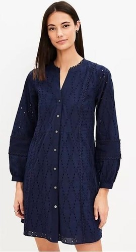 LOFT Petite Eyelet Lace Trim Swing Dress Medium MP BNWT Navy