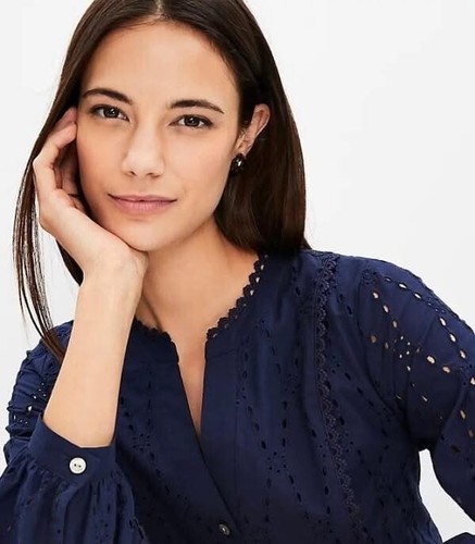 LOFT Petite Eyelet Lace Trim Swing Dress Medium MP BNWT Navy - photo 2