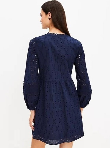 LOFT Petite Eyelet Lace Trim Swing Dress Medium MP BNWT Navy - photo 3