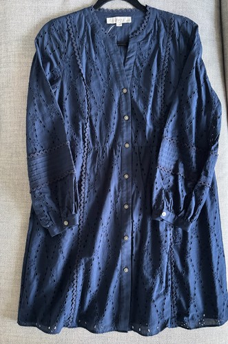 LOFT Petite Eyelet Lace Trim Swing Dress Medium MP BNWT Navy - photo 4