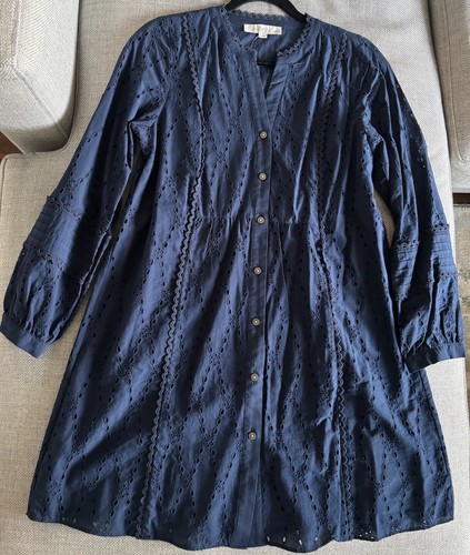 LOFT Petite Eyelet Lace Trim Swing Dress Medium MP BNWT Navy - photo 5