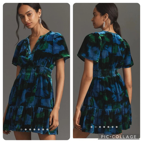 Anthropologie Somerset Velvet Dress Extra Small XS BNWT Blue Flo - photo 4